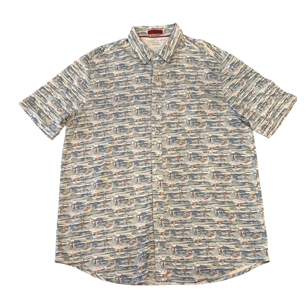 Age of Wisdom Mens Tropical Surf Print Shirt XL Short Sleeve Button Down Modal